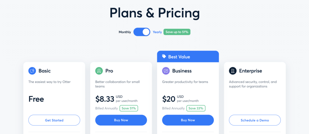 Otter.ai pricing page